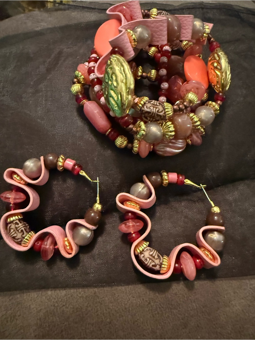 Sassy Jones Handcrafted Pink and Mauve Beaded Stretch Bracelet Stack and hoops
